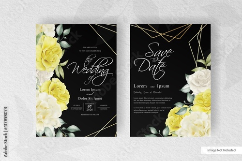 Watercolor wedding invitation card template with floral arrangement and minimalist design