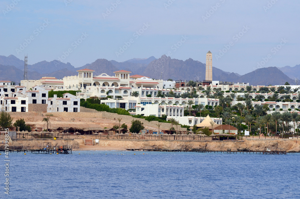 Resorts and hotels at coast of Sharm El Sheikh from yacht , Egypt 