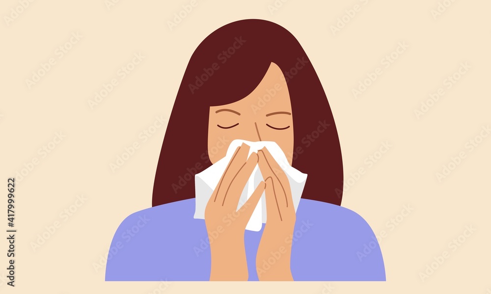 Cold, flu. Girl with handkerchief. Design vector flat illustration Cold, flu. Girl with handkerchief. Design vector flat illustration