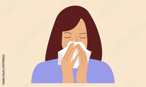 Cold, flu. Girl with handkerchief. Design vector flat illustration