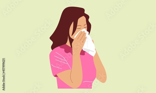 Cold, flu. Girl with handkerchief. Design vector flat illustration