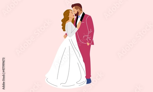 Wedding couple stand  flat style vector illustration isolated on white background