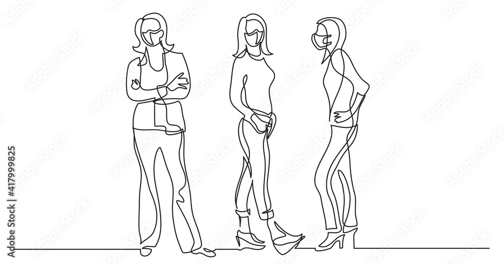 continuous line drawing of three standing women wearing face masks