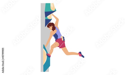 People character in sportswear training on climbing wall. Vector design flat illustration