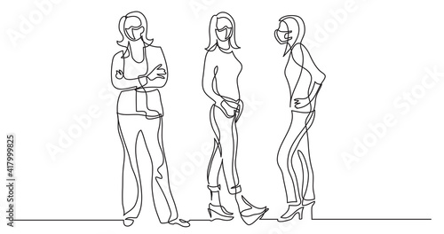 continuous line drawing of three standing women wearing face masks