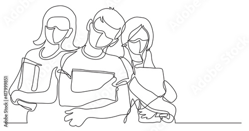 three standing school kids with books wearing face masks - continuous line drawing