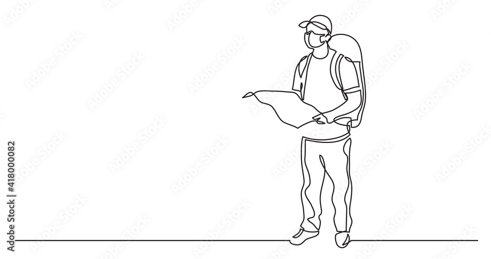 continuous line drawing of standing traveler with backpack holding map wearing face mask