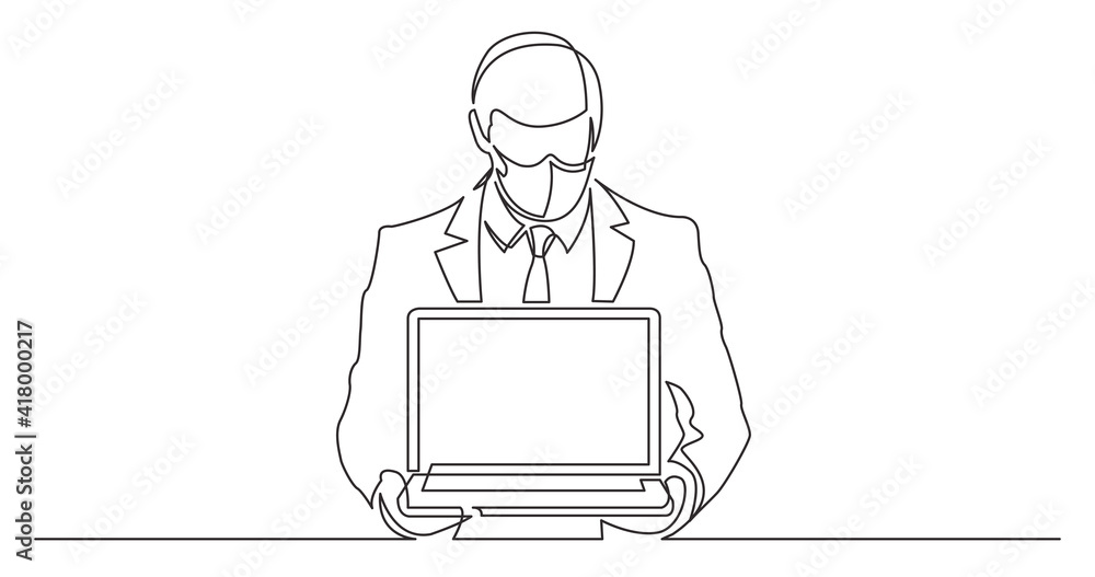 continuous line drawing of standing man in suit showing-laptop computer wearing face mask continuous line drawing of standing man in suit showing-laptop computer wearing face mask
