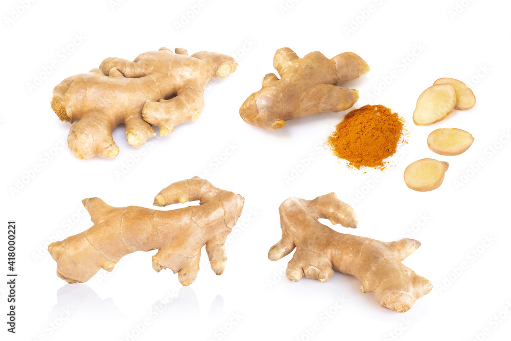 Fototapeta premium Set of Fresh ginger root with slice and power islolated on white background for herb and medical product concept