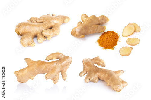 Set of Fresh ginger root with slice and power islolated on white background for herb and medical product concept