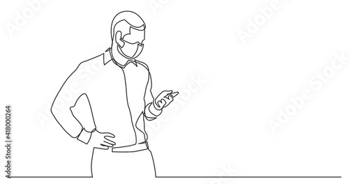 continuous line drawing of standing man checking mobile phone wearing face mask