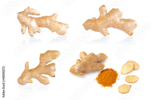 Set of Fresh ginger root with slice and power islolated on white background for herb and medical product concept
