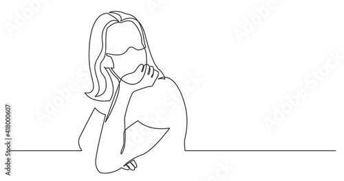 continuous line drawing of sitting young woman wearing face mask in dreamy mood