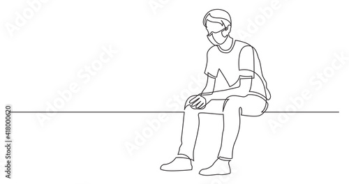 continuous line drawing of sitting young man thinking wearing face mask
