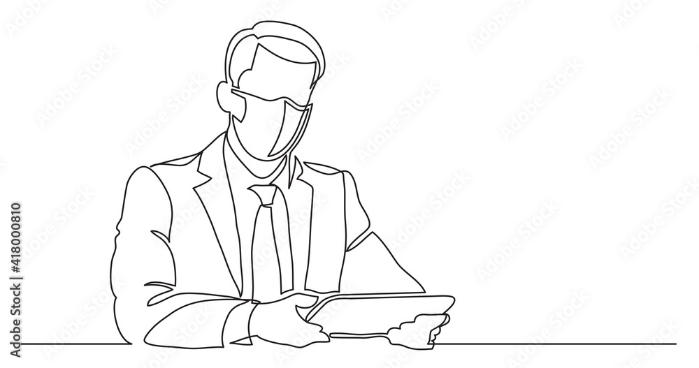 sitting businessman wearing face mask with tablet - continuous line drawing