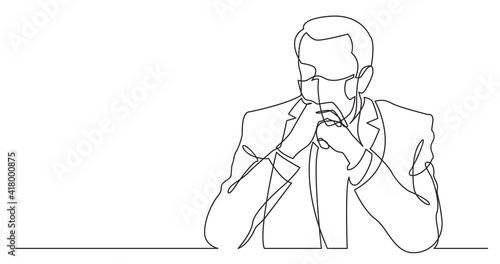 continuous line drawing of seriously thinking man wearing face mask