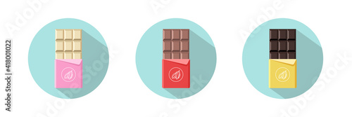 Different chocolate bar icons. Opened white, milk and bitter chocolate in foil packaging. Flat dessert and sweet. Vector illustration in cartoon style