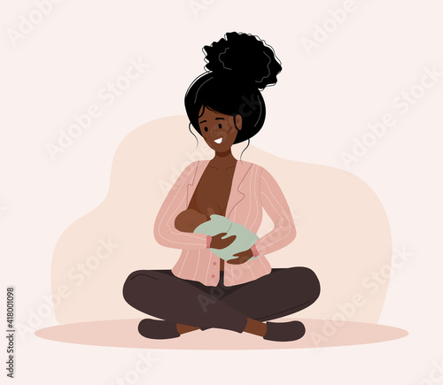 Breastfeeding concept. Young african mother nursing newborn baby. Natural feeding, happy motherhood. Vector illustration in flat cartoon style.