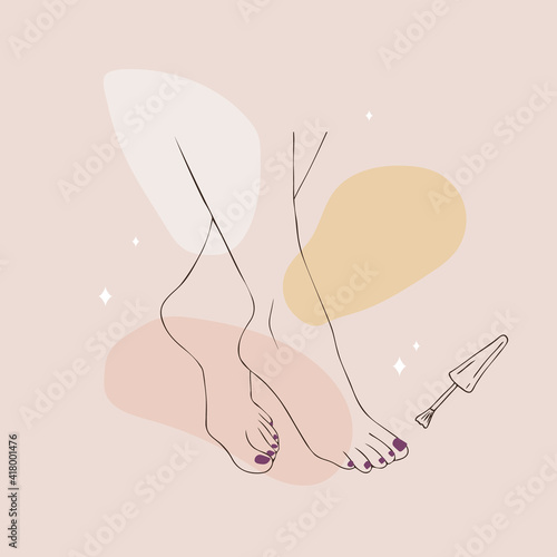 Pedicure concept. Elegant woman legs. Nail polish and nail file. Linear vector Illustration of female feet in a trendy minimalist style. Beauty logo for nail studio, beauty center or spa salon.