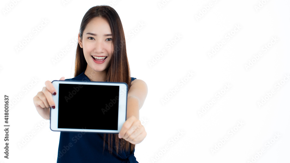 Young Asian woman showing tablet to camera Young Asian woman showing tablet to camera
