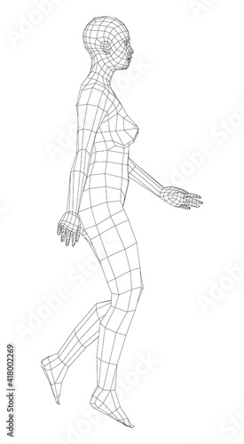 Wireframe walking woman. Vector