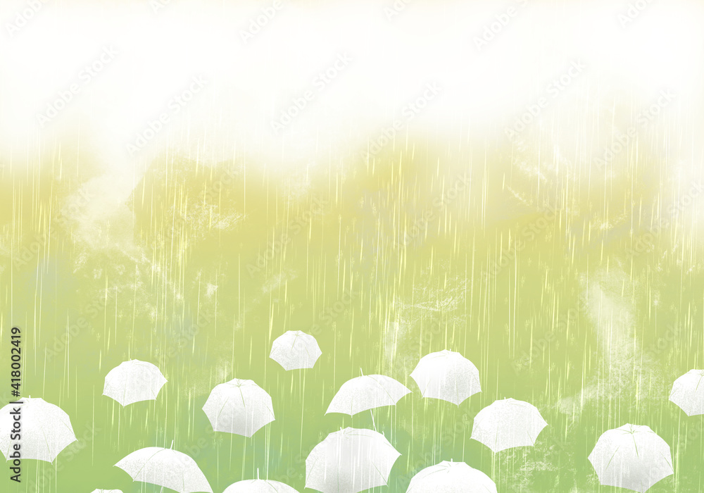 雨雲と雨と傘 萌葱色 黄色 から苔色 モスグリーン 緑色 への渋い色合いの浮世絵風グラデーション背景 バナーイラスト Stock イラスト Adobe Stock