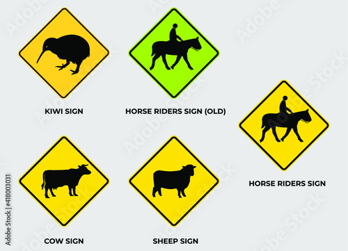 Set of diamond warning signs of animal. Aware and caution vector template. Eps 10