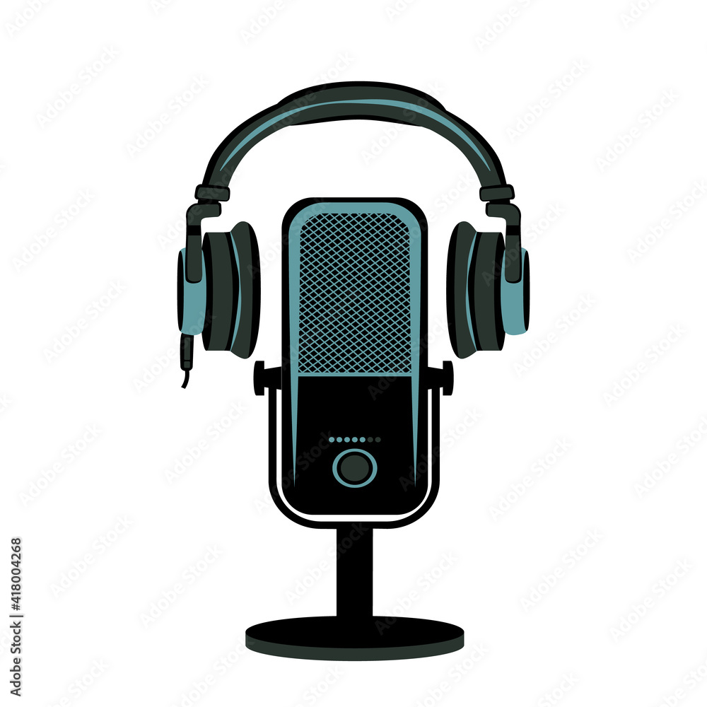 Microphone and headphones, podcast concept, flat design, vector illustration, icon, logo template. Microphone and headphones, podcast concept, flat design, vector illustration, icon, logo template.