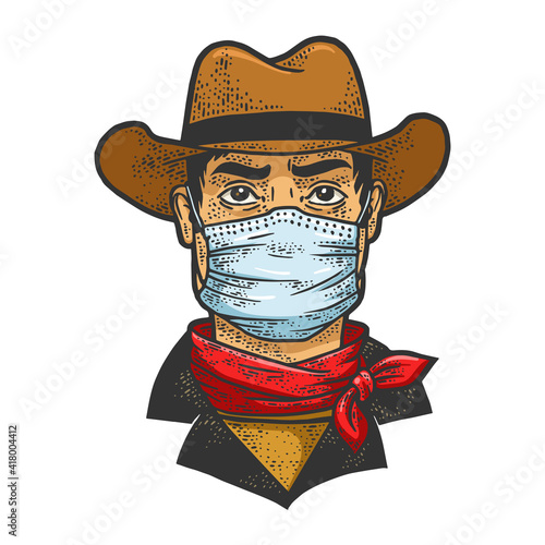 gangster cowboy in medical mask color sketch engraving vector illustration. T-shirt apparel print design. Scratch board imitation. Black and white hand drawn image.