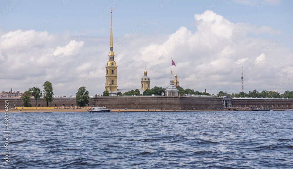 View of the Peter and Paul fortress with a excursion boat, St.Pe