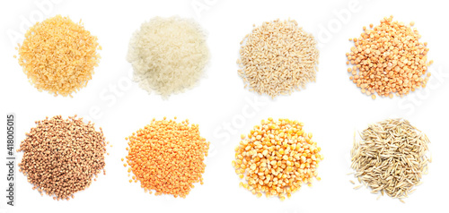 Different cereals on white background