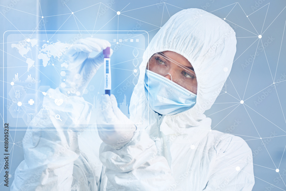 Scientist with sample of covid-19 in laboratory Scientist with sample of covid-19 in laboratory