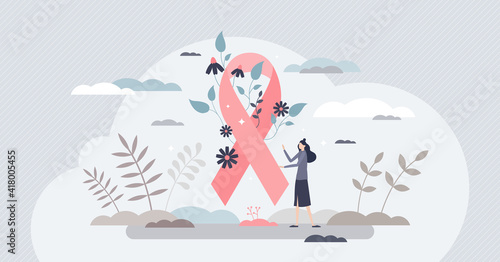 Breast cancer awareness and symbolic disease prevention tiny person concept
