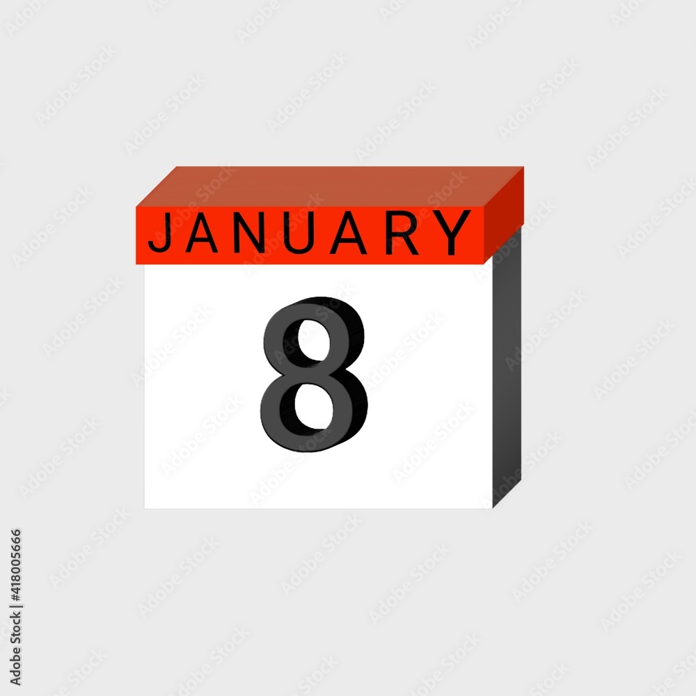 January 8 . 3D daily calendar icon .date ,day, month .calendar for the month of January January 8 . 3D daily calendar icon .date ,day, month .calendar for the month of January