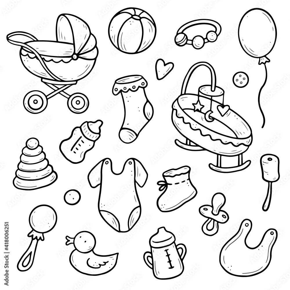 Hand Drawn Set Of Baby Shower Things Toy Rattle Milk Bootle Clothes hand-drawn-set-of-baby-shower-things-toy-rattle-milk-bootle-clothes