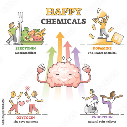 Happy chemicals as good and positive mood hormonal causes outline diagram