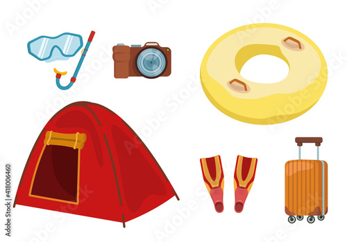 Travel equipment in cartoon style. Items necessary for tourist