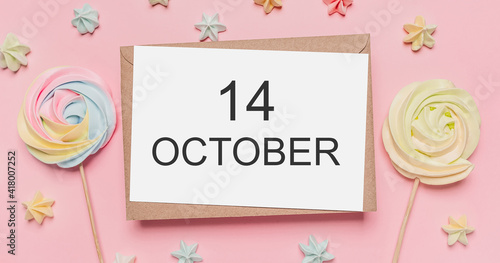 Gifts with note letter on isolated pink background with sweets, love and valentine concept with text 14 October
