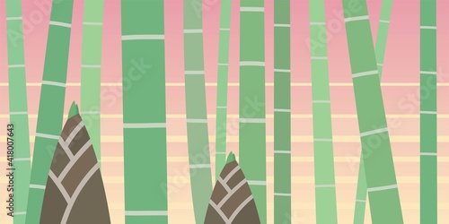 朝焼けの竹林と筍