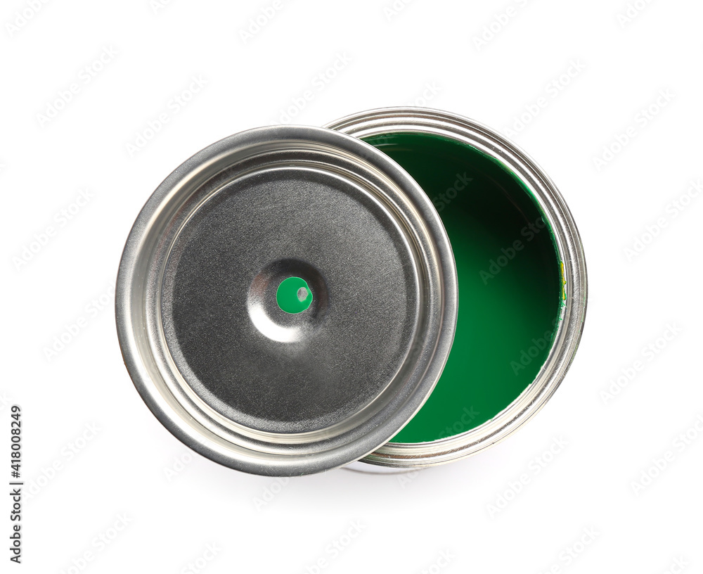 Can of green paint on white background Can of green paint on white background