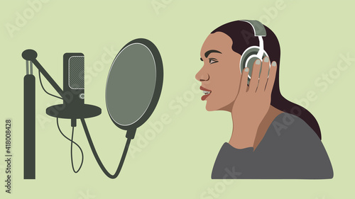 Person broadcasts online, blogger cartoon character and  podcast equipment, media concept, vector illustration.