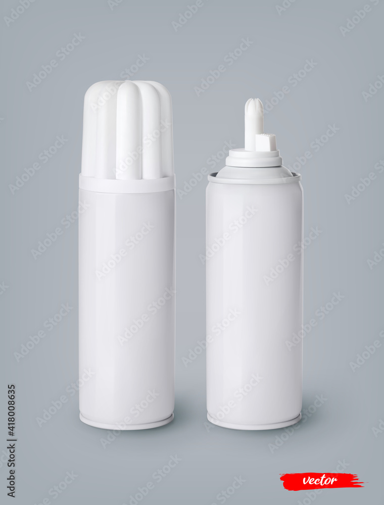 Whipped cream bottle cans on gray background. 3d realistic vector illustration of sweet dairy product. Mockup of whipped cream package. Whipped cream bottle cans on gray background. 3d realistic vector illustration of sweet dairy product. Mockup of whipped cream package.