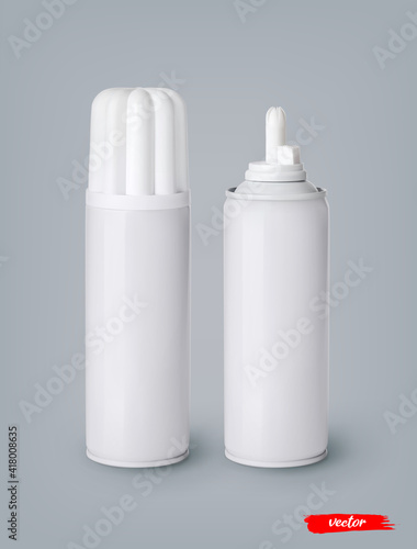 Whipped cream bottle cans on gray background. 3d realistic vector illustration of sweet dairy product. Mockup of whipped cream package.