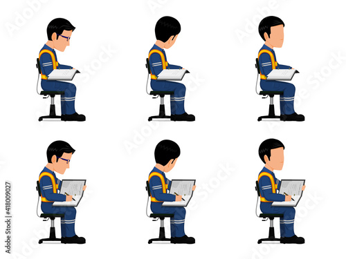 set of industrial worker is working with his document