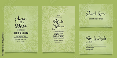 Elegant wedding invitation template set with floral leaves border decoration
