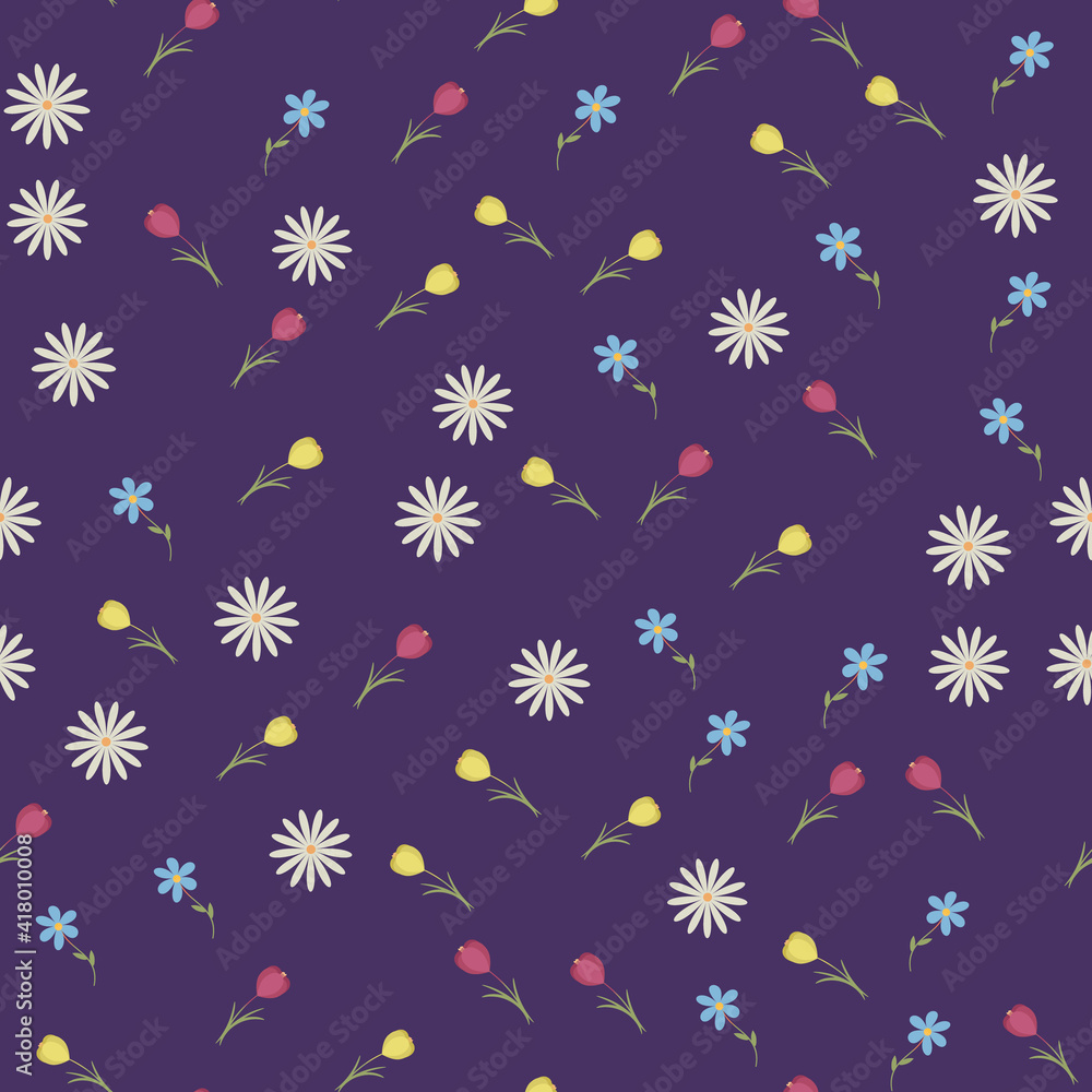 A pattern of colorful spring flowers on a dark purple background A pattern of colorful spring flowers on a dark purple background