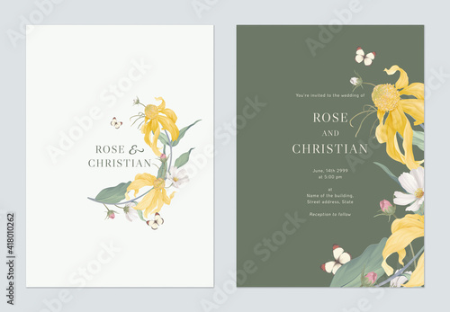Floral wedding invitation card template design, Cutleaf coneflower with cosmos flowers and leaves on green