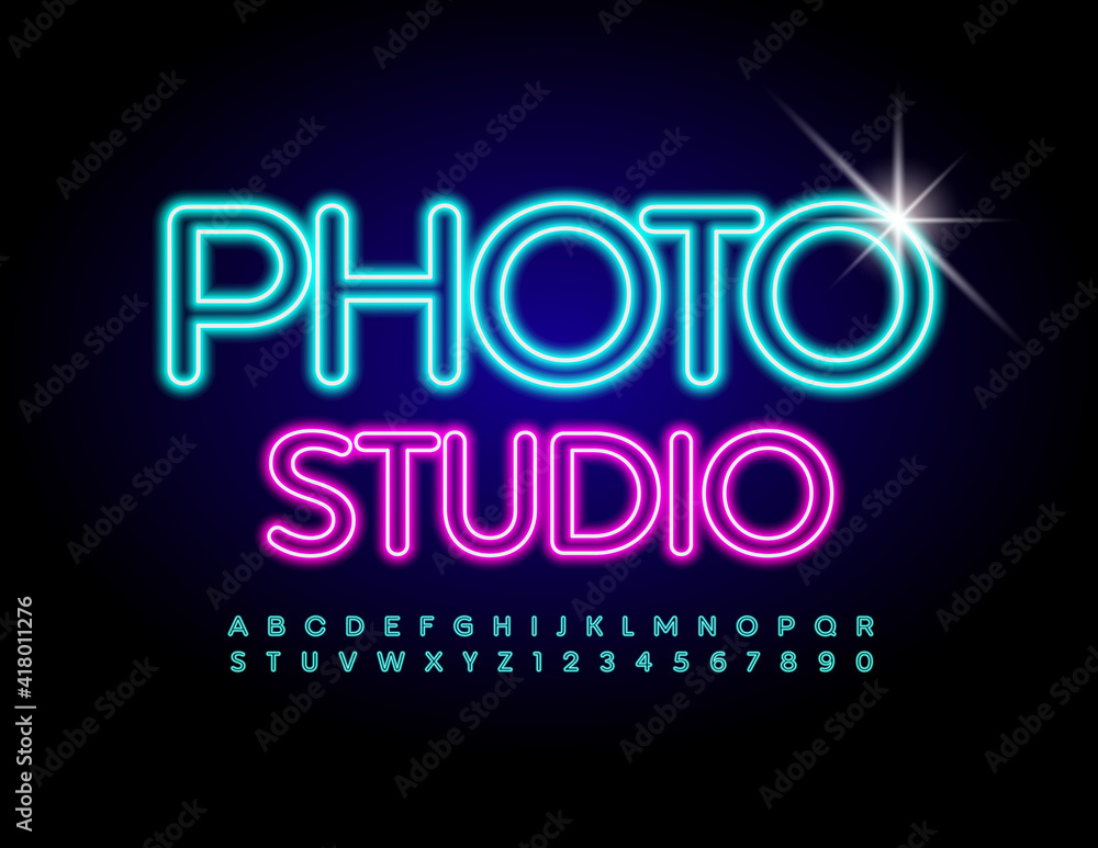 Vector glowing sign Photo Studio. Electric light Font. Blue Neon Alphabet Letters and Numbers set