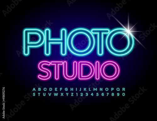 Vector glowing sign Photo Studio. Electric light Font. Blue Neon Alphabet Letters and Numbers set