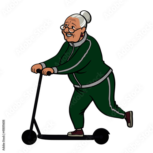 energetic grandma rides a scooter